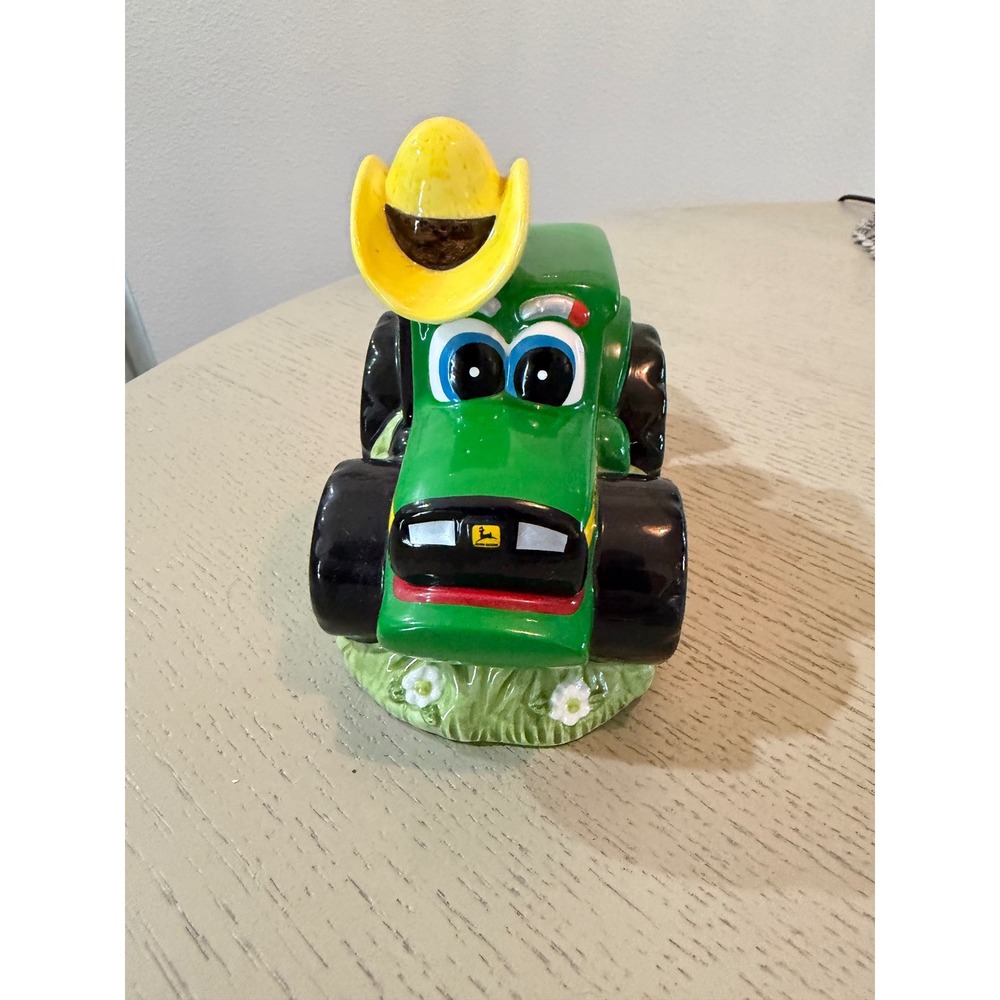 Vintage 1999 John Deere Ceramic Tractor with Trailer Figurine 704296 Green